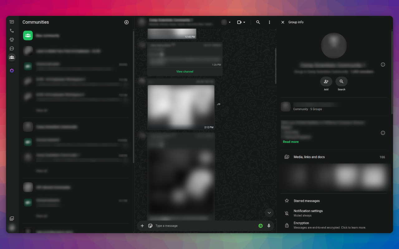 WhatsApp Web Communities view with names and icons blurred
