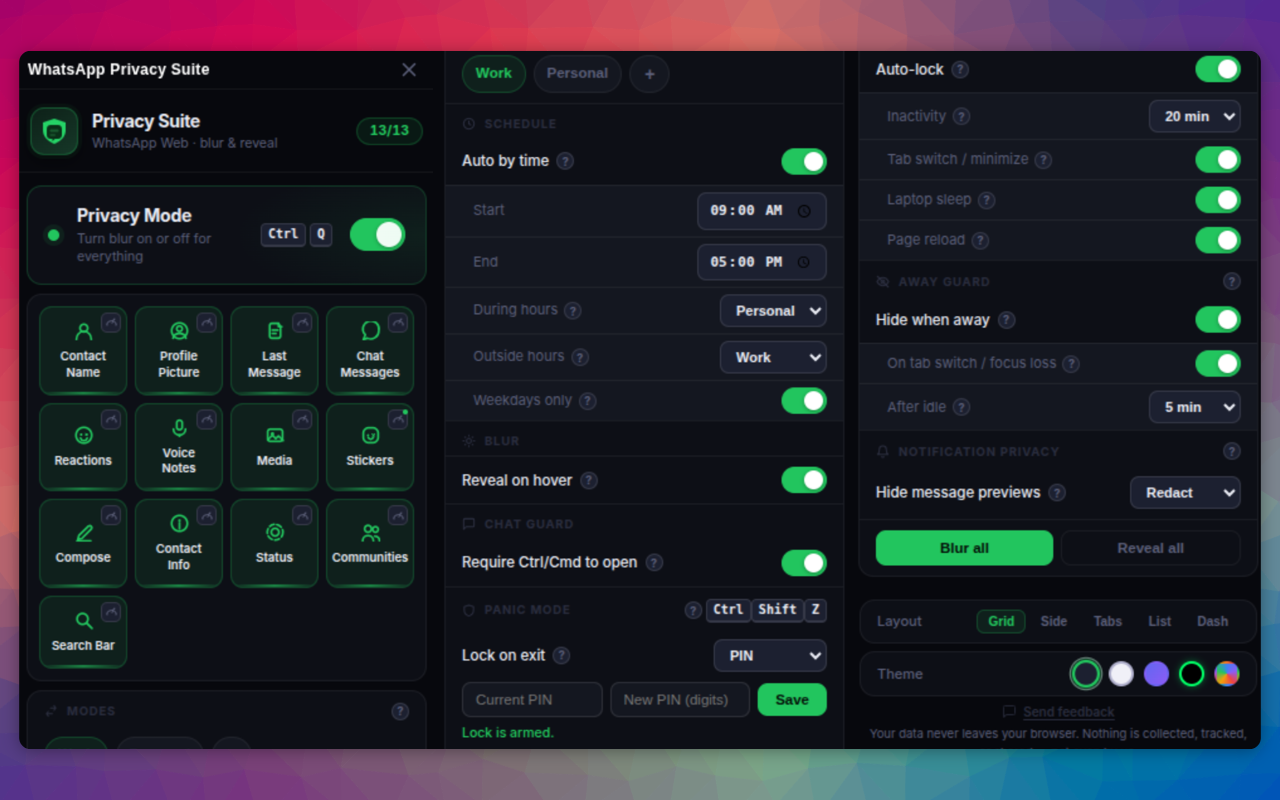 Blur Controls popup of WhatsApp Web Privacy Suite