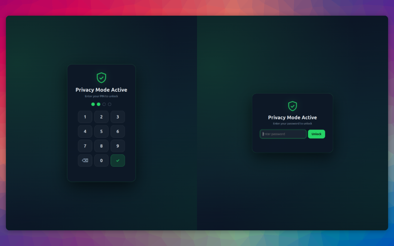 Panic Mode privacy shield covering WhatsApp Web with a lock prompt
